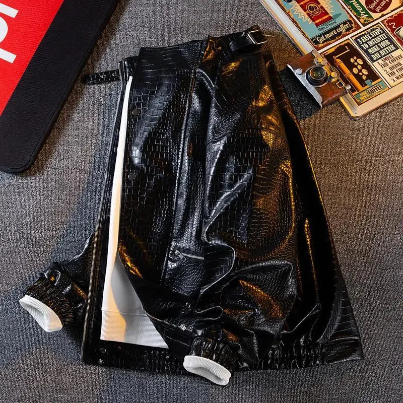 Gmiixder Functional Imitation Crocodile Leather Jacket Men's Spring Autumn American Retro High Street Motorcycle Leather Coat