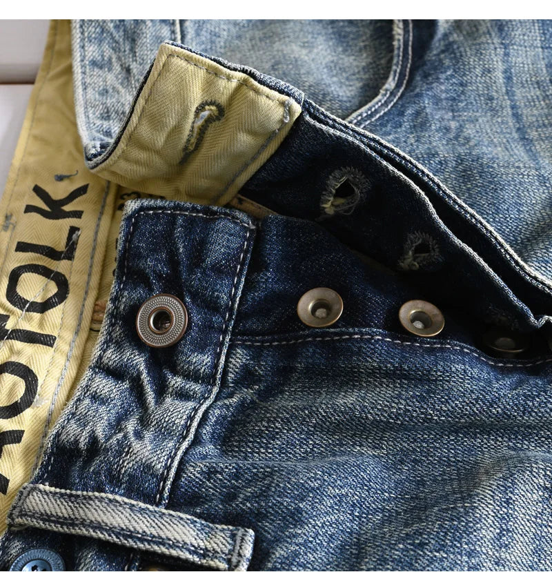 Heavyweight 100% Cotton Relaxed Straight Denim Jeans Vintage Washed & Distressed American Casual Pants for Men Amekaji Retro