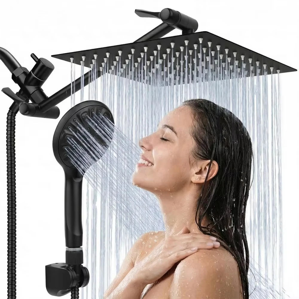 10/12' High Pressure Shower Head with Adjustable Arm of Hand-Held Spray, Matte Black Shower System