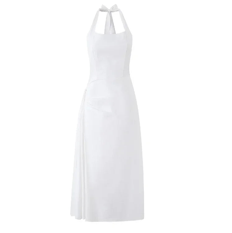 Chic Women White Ruched Waist Maxi Dress Sexy Sleeveless Halter Neck A Line Vestidos Elegant Daily New Party Street Summer Gowns