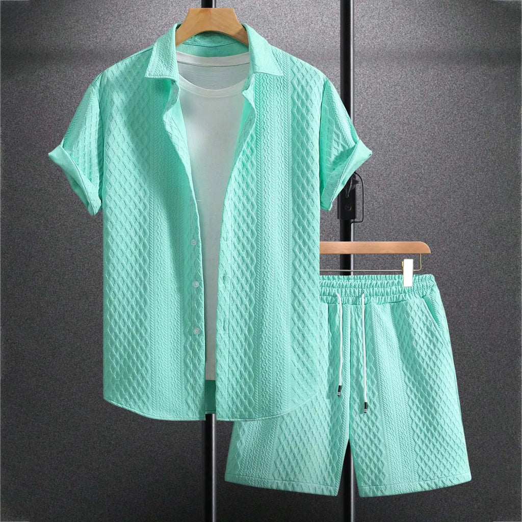 2025 Men'S Clothing Casual Two Piece Set Loose Plus Size Solid Button Down Short Sleeve Shirt & Elastic Waist Belted Shorts Suit