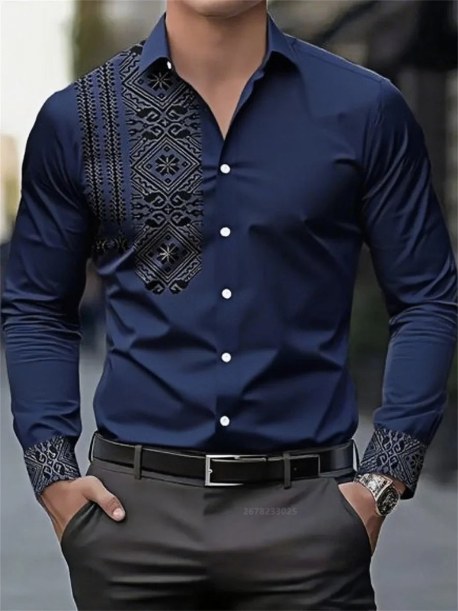 Men's shirt 3D printing retro ethnic style long-sleeved casual shirt high quality fashion lapel versatile top xs-6XL size