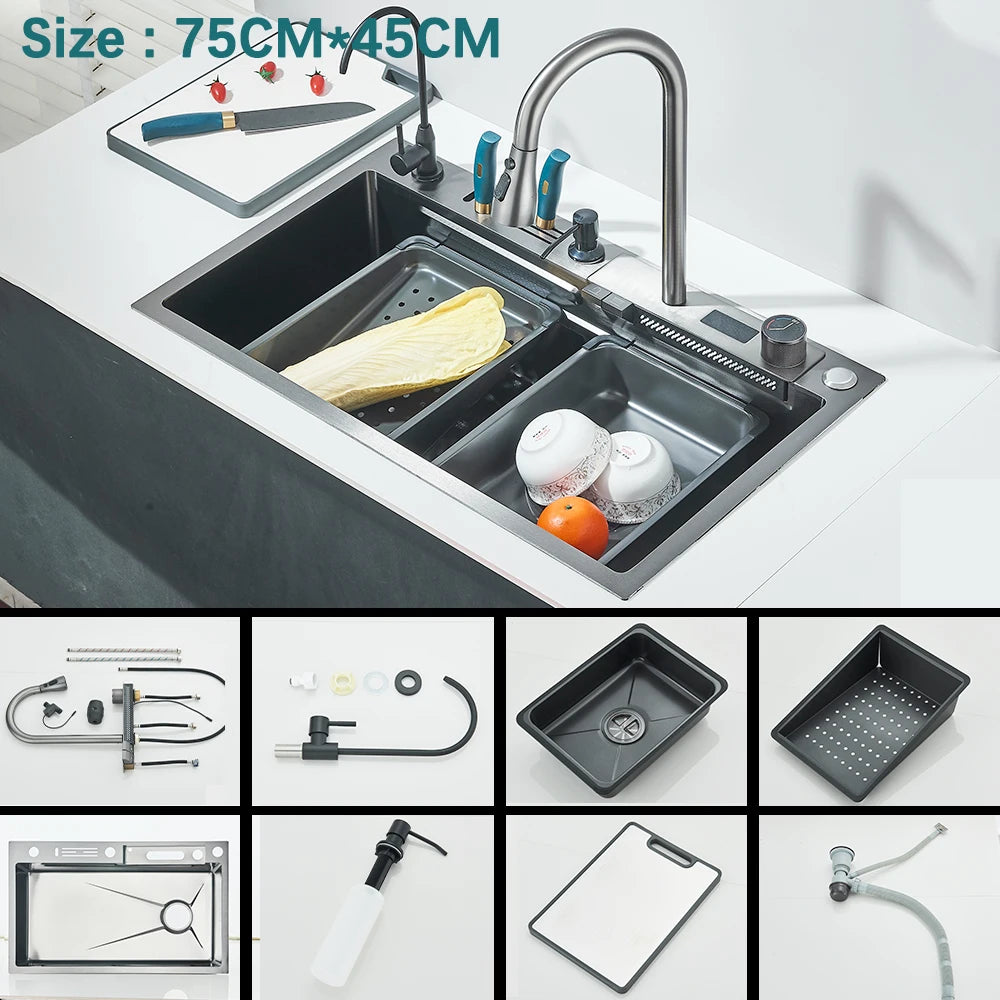 304 Stainless Steel Kitchen Waterfall Sink Digital Display Large Single Sink Dish Basin Sink With Multifunction Touch Waterfall