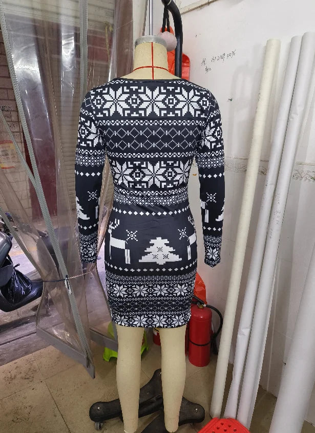 Christmas Women's Dresses 2024 Autumn Long Sleeve Fashion Snowflake Elk Print Casual O-Neck Daily Skinny Mini Dress