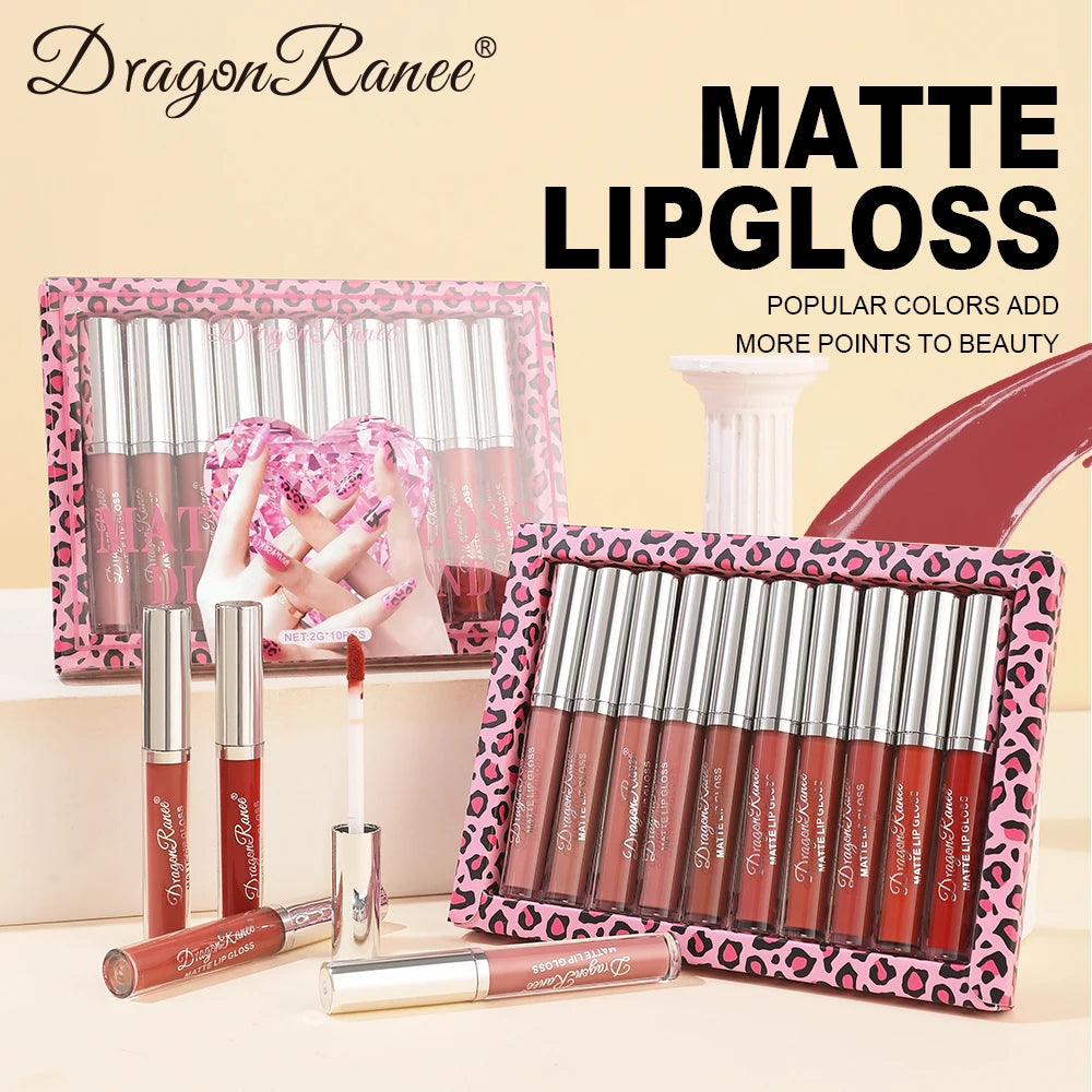 Lip Gloss Set of Ten in a Box, Velvet Soft Matte, Brightening, Versatile, Moisturizing Lipstick, Nude Color, Long-Lasting, Non-Stick, Non-Fading Lip Gloss