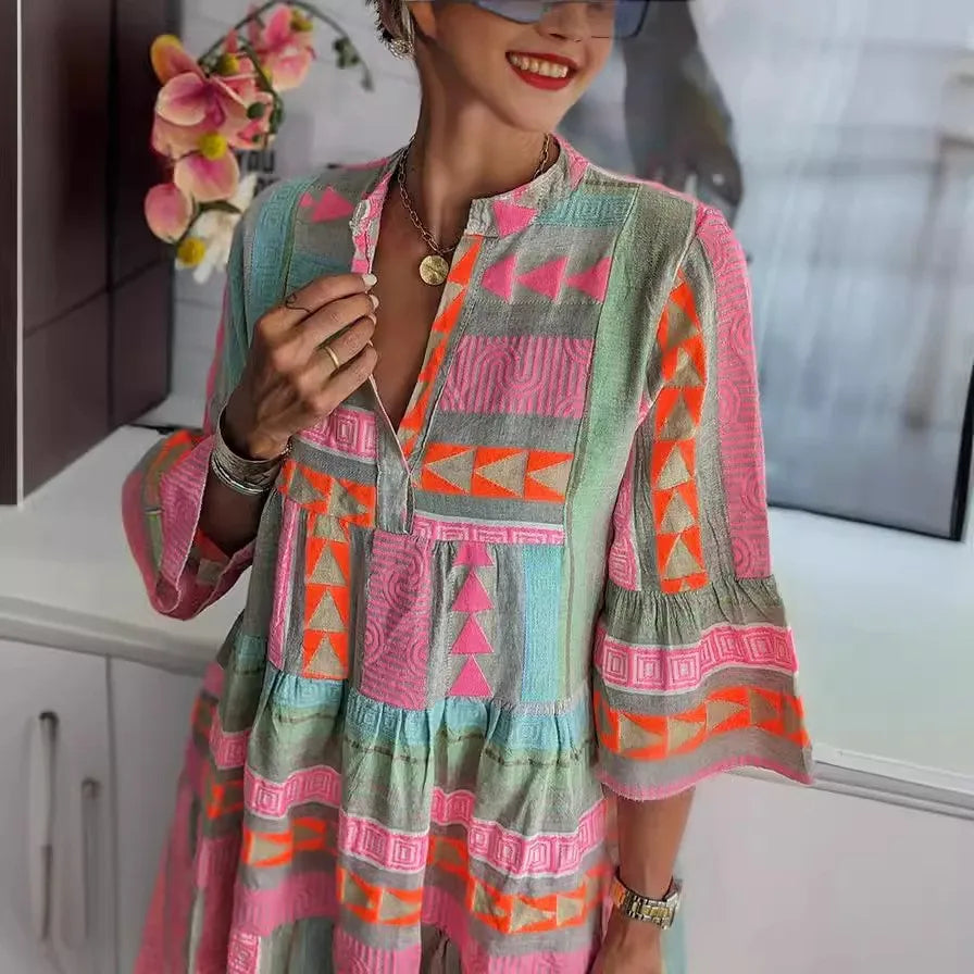 Women's Summer Loose Fit V Neck Three Quarter Flare Sleeve Printed Burnout Cotton Linen Pullover Dress for Women with Boho