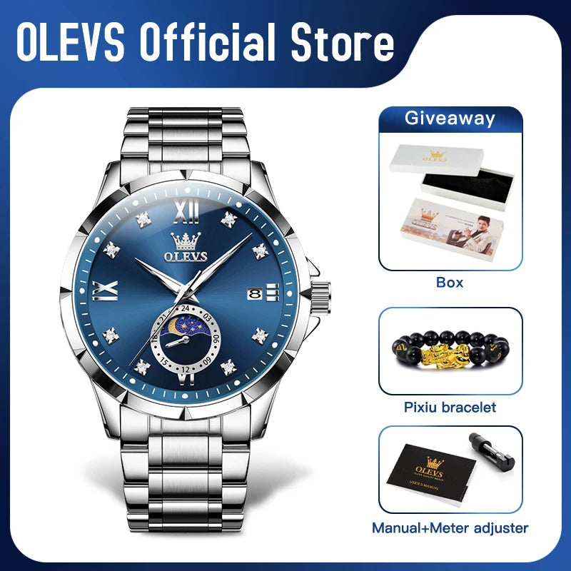 OLEVS 2956 Mens Watch Business Original Quartz Watch Large Dial Waterproof Luminous Automatic Date Moon Phase Watches For Man