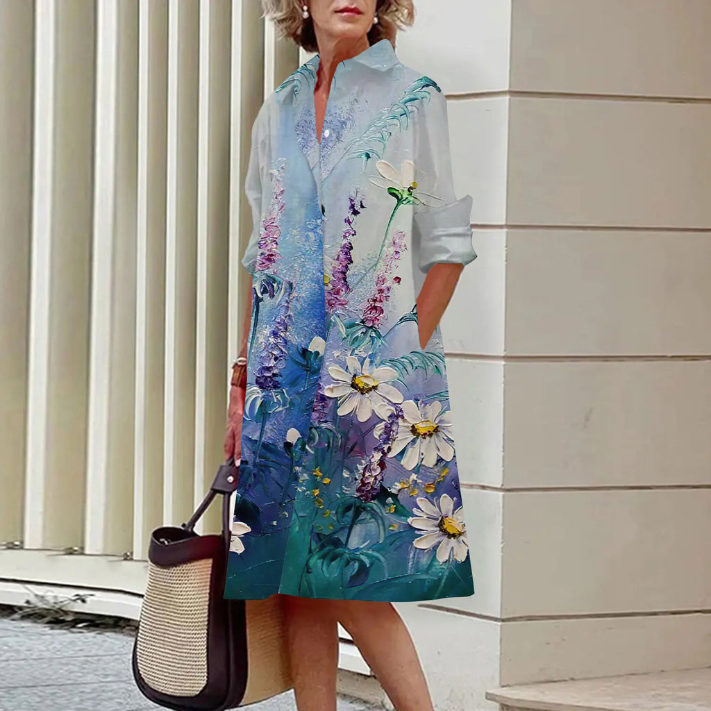 Spring and Summer Women's Dresses Fashion Lapel Printed Long Sleeve Shirt Street Shooting High Temperament New Traveling Gowns