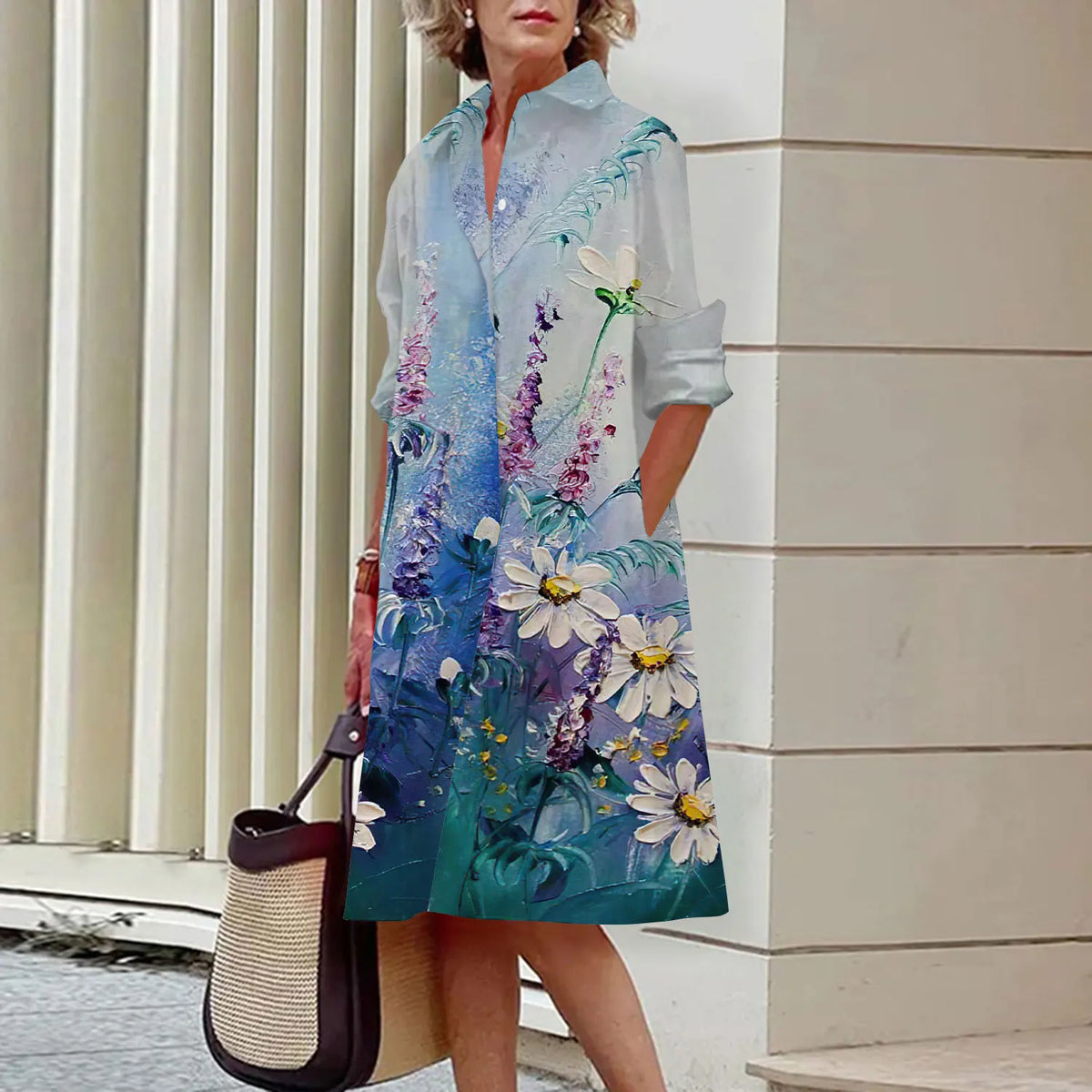 Spring and Summer Women's Dresses Fashion Lapel Printed Long Sleeve Shirt Street Shooting High Temperament New Traveling Gowns