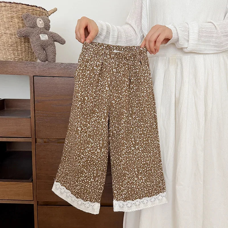 Korean Style Baby Girls Polka Dot Wide Leg Pants Lace Hem Loose Trousers Toddler Kids Elastic Waist Casual Fashion Pants