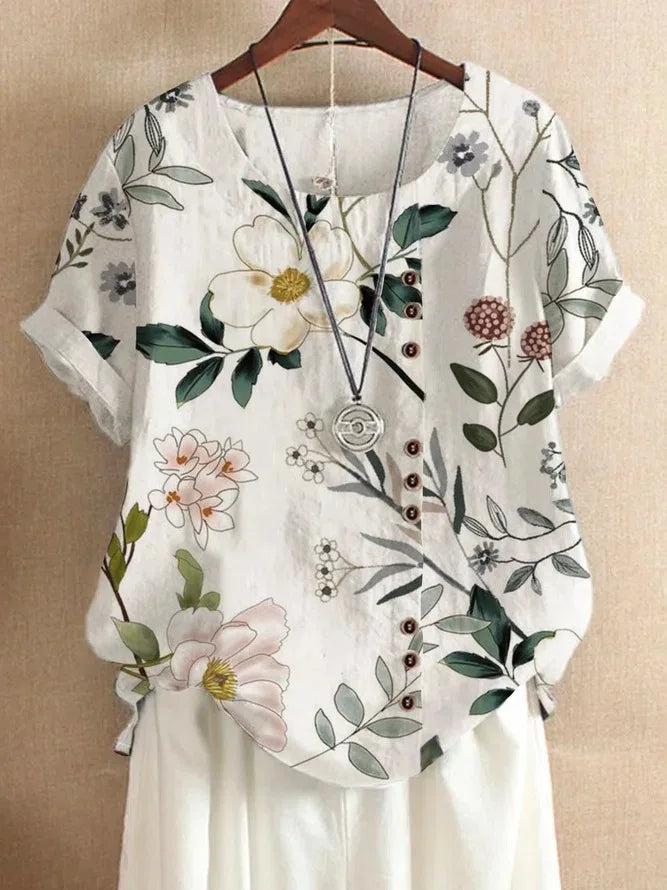 2025 Summer retro fashion printed loose casual shirt top, suitable for casual or vacation ladies' beachwear