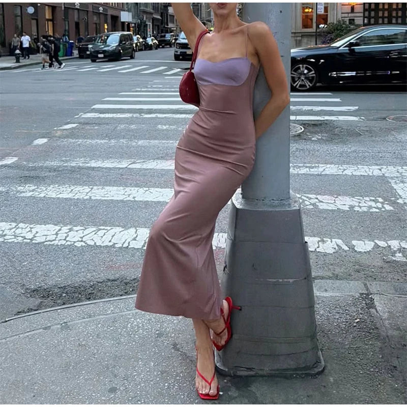  Women Sexy Color Blocking Halter Maxi Dresses Elegant Backless Off shoulder Sleeveless Slim Gowns 2026 New Lady Party Vestidos