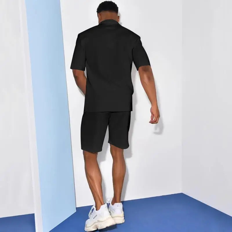 2026 Men's Summer Solid Casual Sets Comfy Cotton Linen Short Sleeve Lapel Shirt and Shorts Two Piece Sets Men Loose Sport Outfit