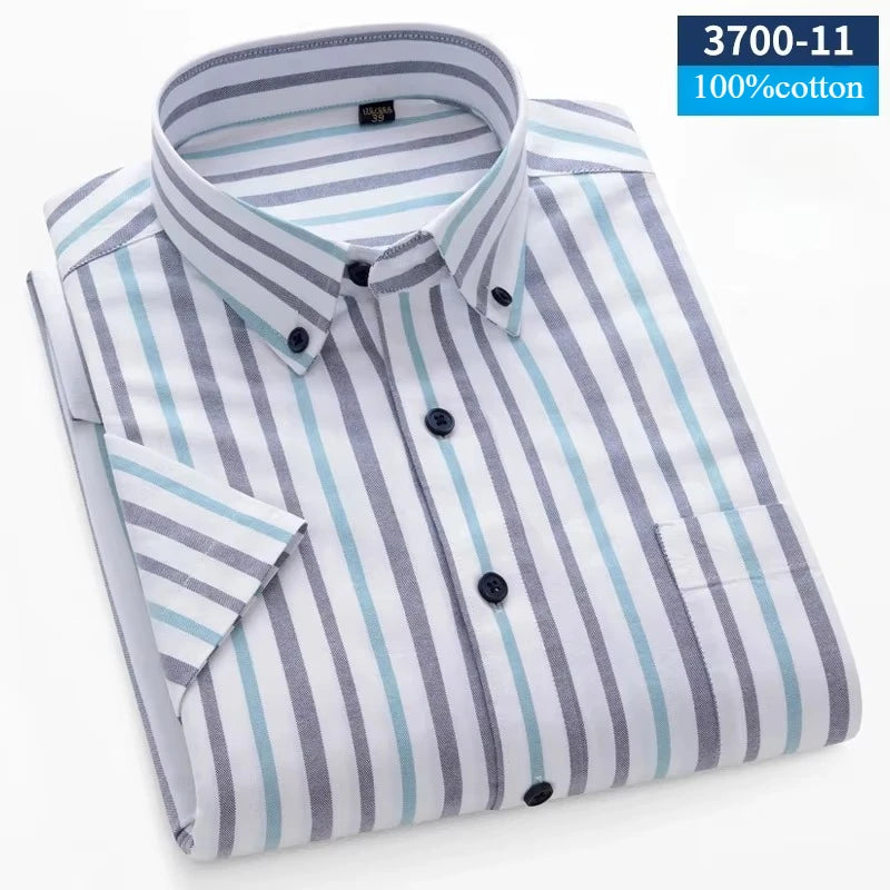 New In Shirt Summer 100%Cotton Short Sleeve Shirts for Men Slim Fit Formal Plain Shirt Designer Plaid Korean Popular Clothes