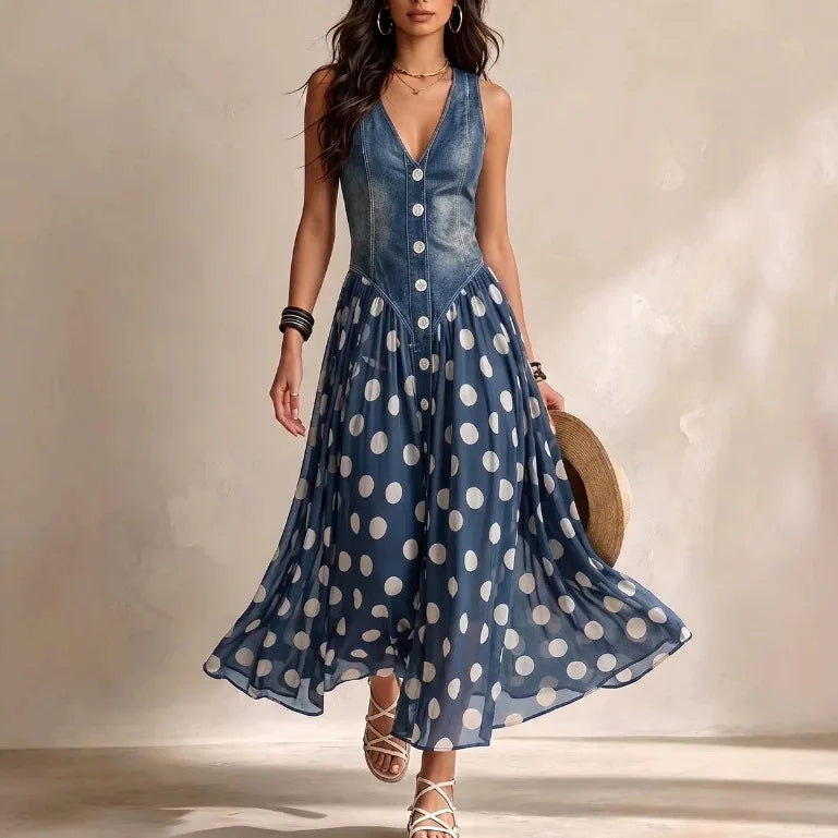 Fashion Print Denim Style Top and Polka Dot Skirt Matching Set