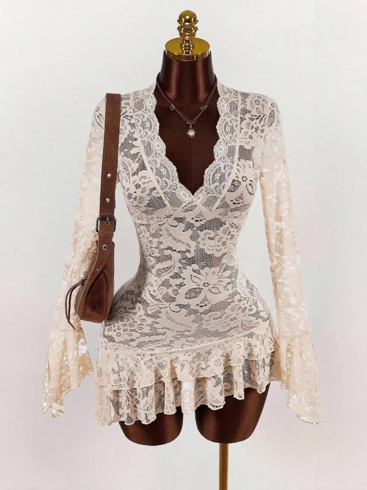 Wmstar Dresses for Women Wholesale Ruffled Lace V Neck Belted Short Dress See Through Design Suitable Beach Vacation 2026