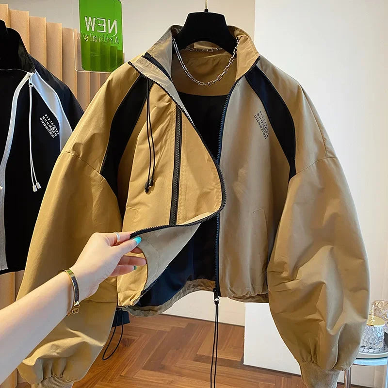 Retro Street INS Style Double Zipper Women's Stand Up Collar Jacket Spring and Autumn Casual Loose Y2k Long Sleeve Top Coat