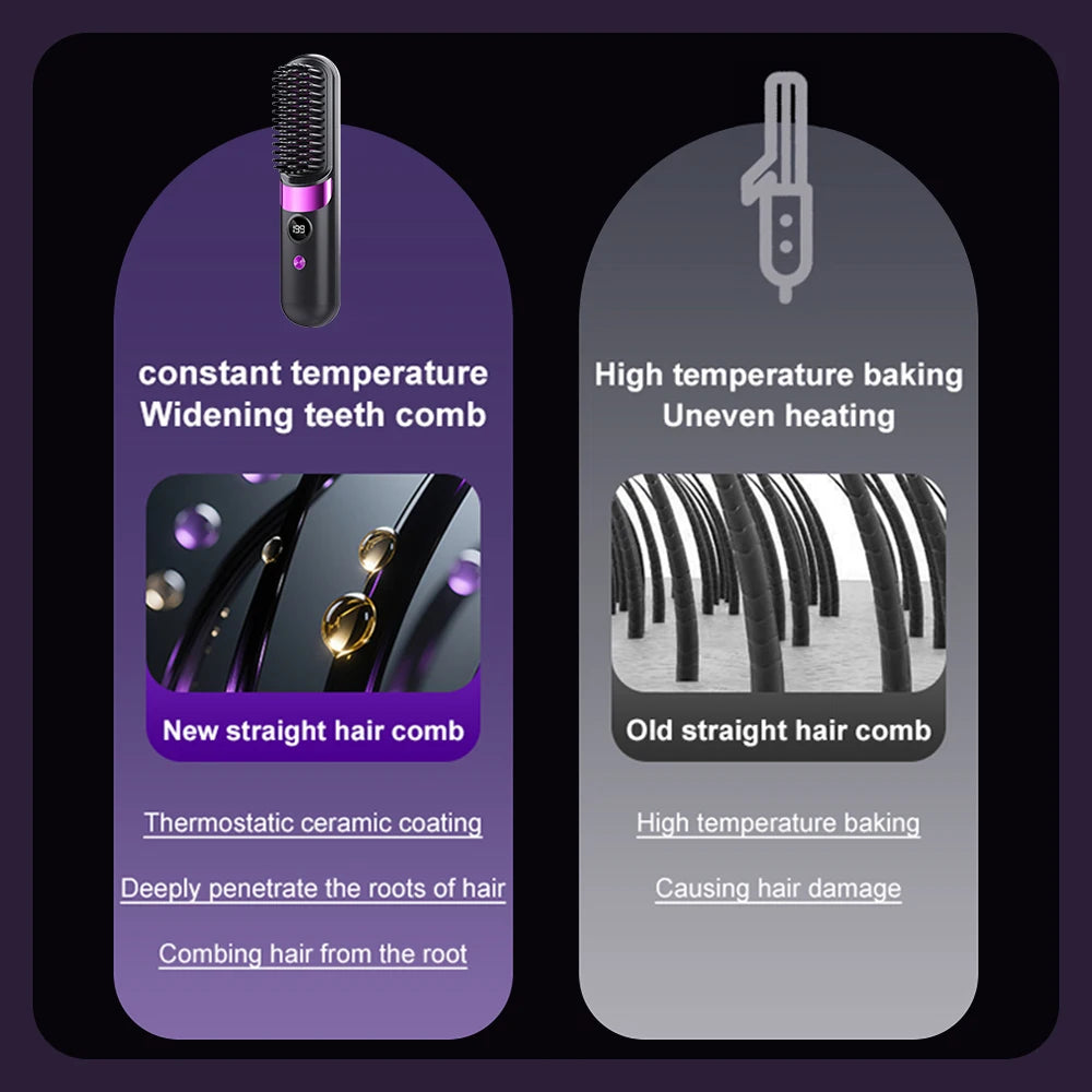 Cordless Hair Straightener 4 Temp LCD Display Anti-scald Hair Straightening Brush Portable Rechargeable Hair Styler Travel Women