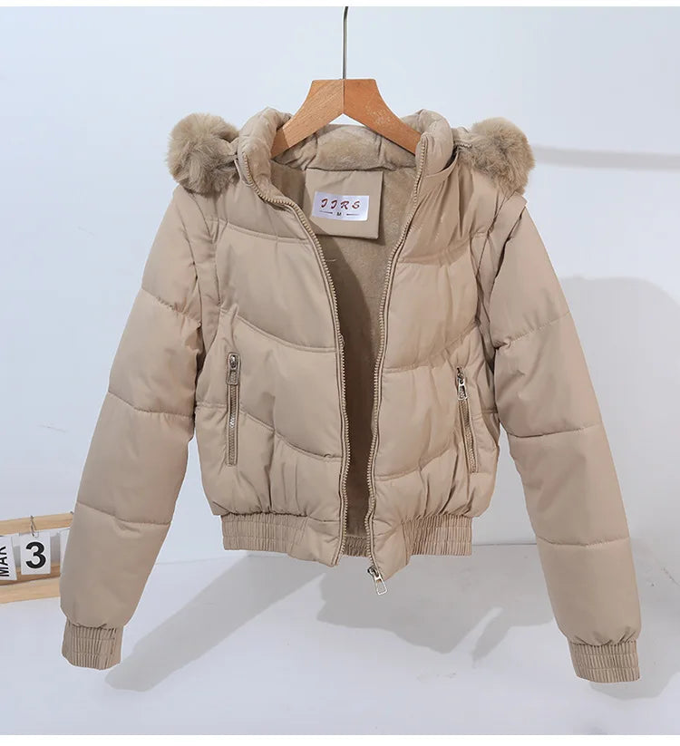 Winter Thickened Short Korean-Style Cotton-Padded Jacket with Fur Collar for Petite Women Warm Coat down Filled