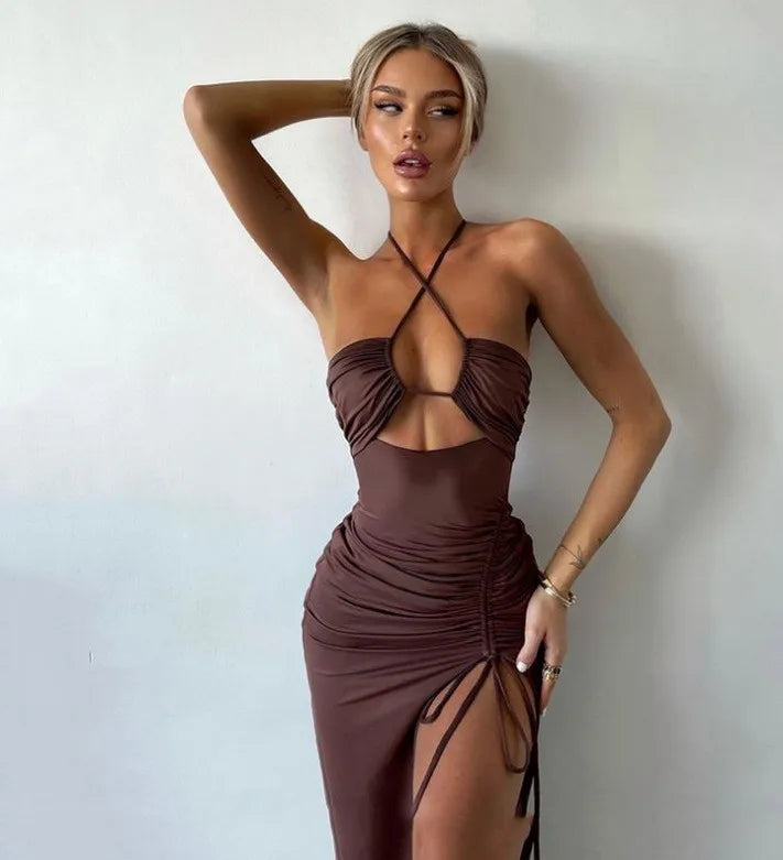 Women's Elegant Party Summer Sleeveless Halter Neck High Waist Pencil Dress Long Backless Cross Strap with High Slit Bodycon