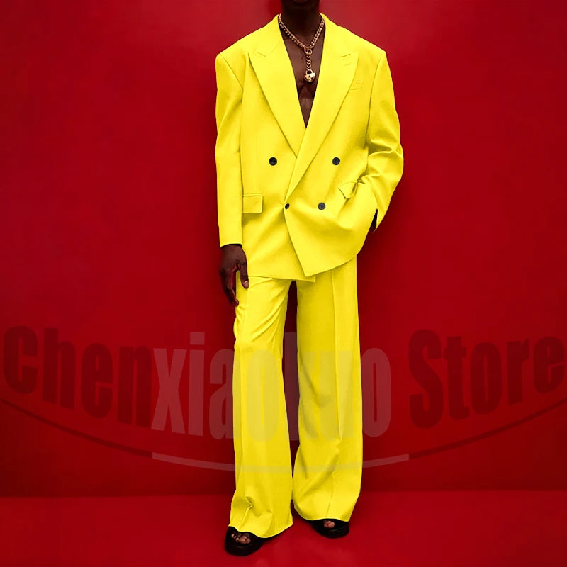 Men's Double Breasted Suit Set Oversized Blazer and Wide-Leg Trousers Fashion Casual Formal Outfits for Streetwear Party