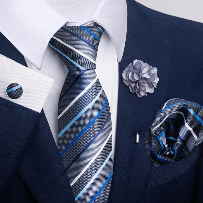 Hot Sale Luxury 8 Cm Blue Floral Ties Pocket Square Cufflinks Brooch Set For Man Suit Accessories Holiday Gift Fit Formal Party