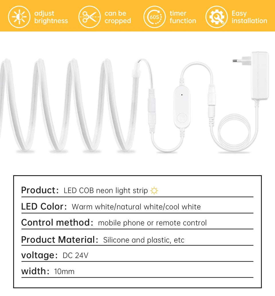 Smart WIFI App Control COB Neon LED Light Strip,Waterproof Fireproof Silicone LED Tape Light Rope DC24V, Room Decor Smart Home
