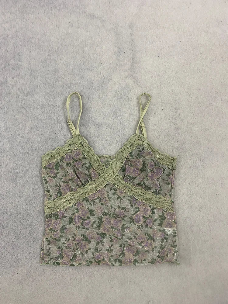Summer women's retro floral vest with lace trim, V-neck adjustable sexy short vest, suitable for daily street casual Y2K vest