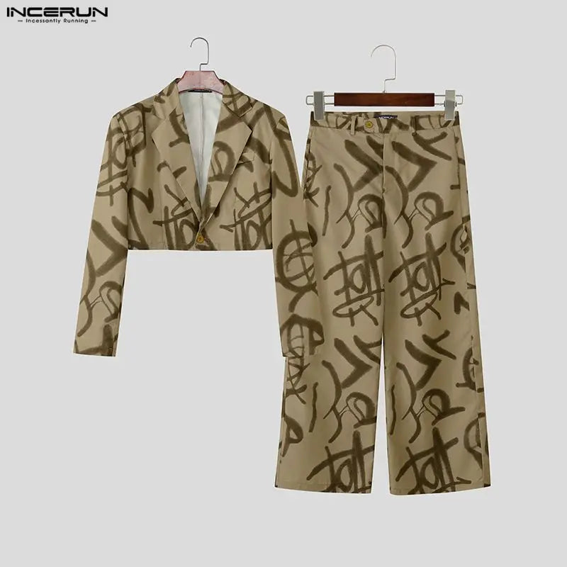 INCERUN Men Sets Printing Lapel Long Sleeve Crop Blazer & Pants Two Pieces Sets Streetwear Personality Fashion Men Casual Suits