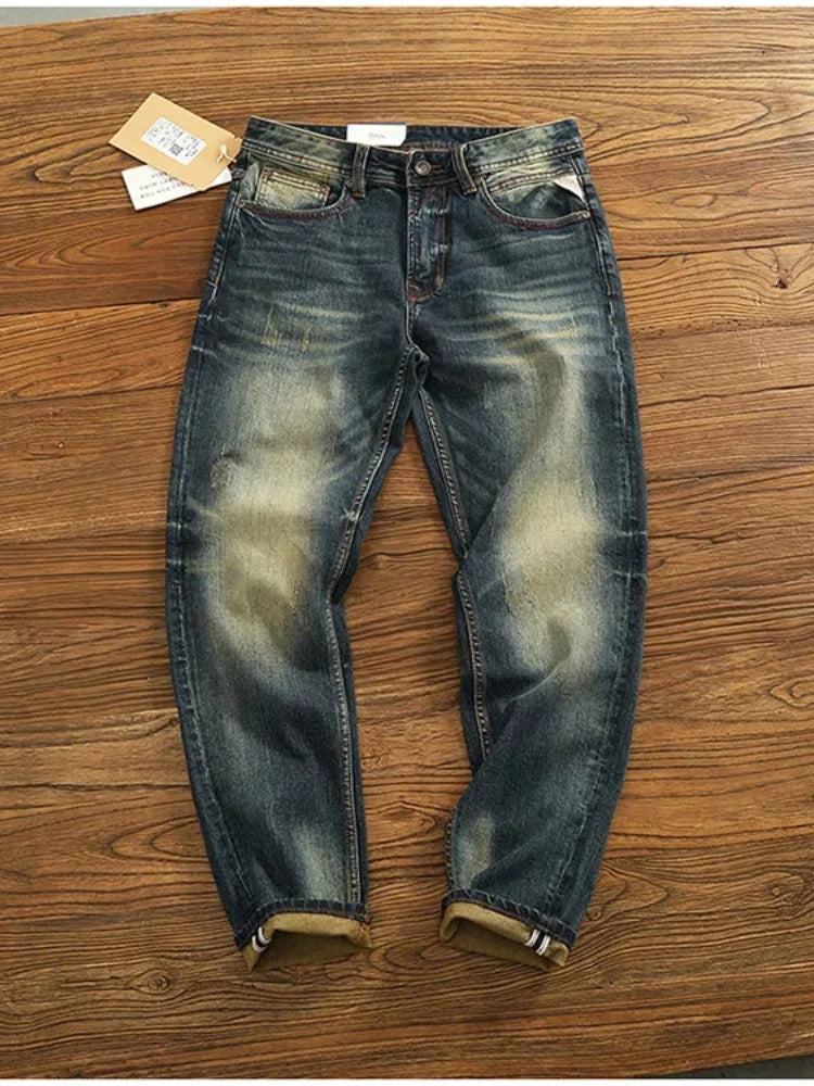 2025 Spring and Autumn New American Retro Heavyweight Denim Jeans Men's High Street 94.2% Cotton Washed Straight Casual Pants