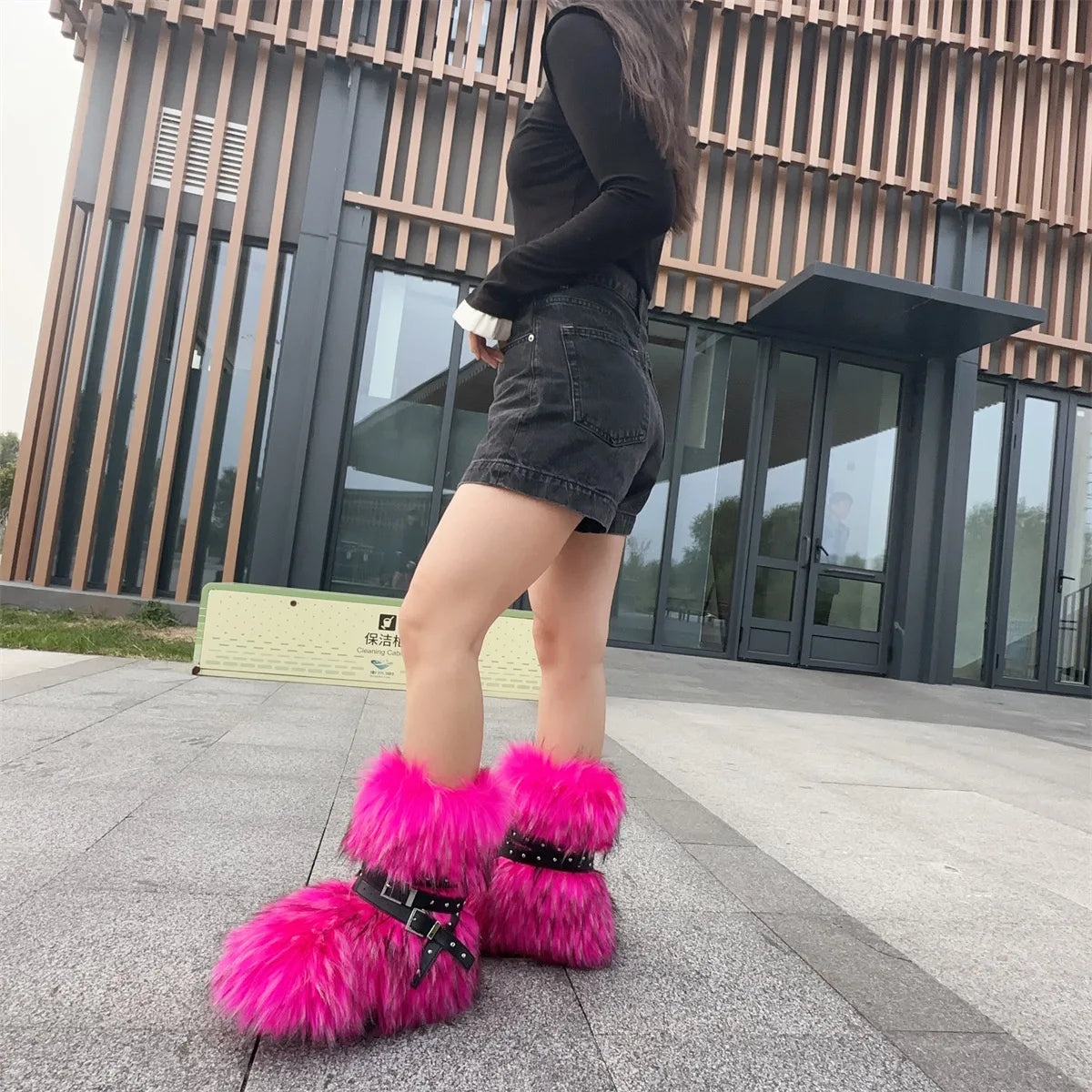Winter Fur New Design Onepiece Raccoon FurFemale Snow Boots Fur shoes OutdoorMid Leg Boots y2k Cool Pink Girl