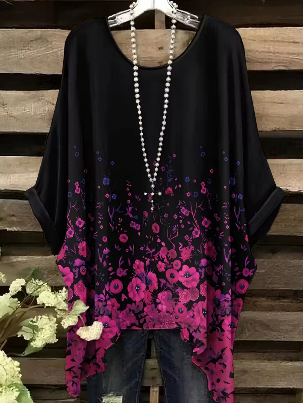 Bohemian Chic Women's T-Shirt Vintage Floral Graphic O-Neck Pullover Short Sleeve Tees Oversized Irregular Hemline Y2k Clothes