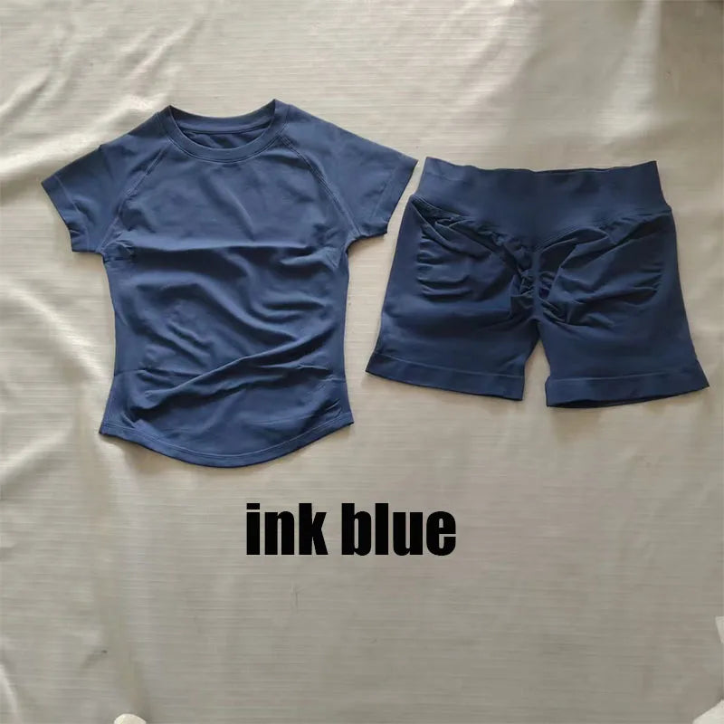 2 pieces of Dynfe Impact sports set short sleeved seamless yoga top fitness set women's running shorts sports set