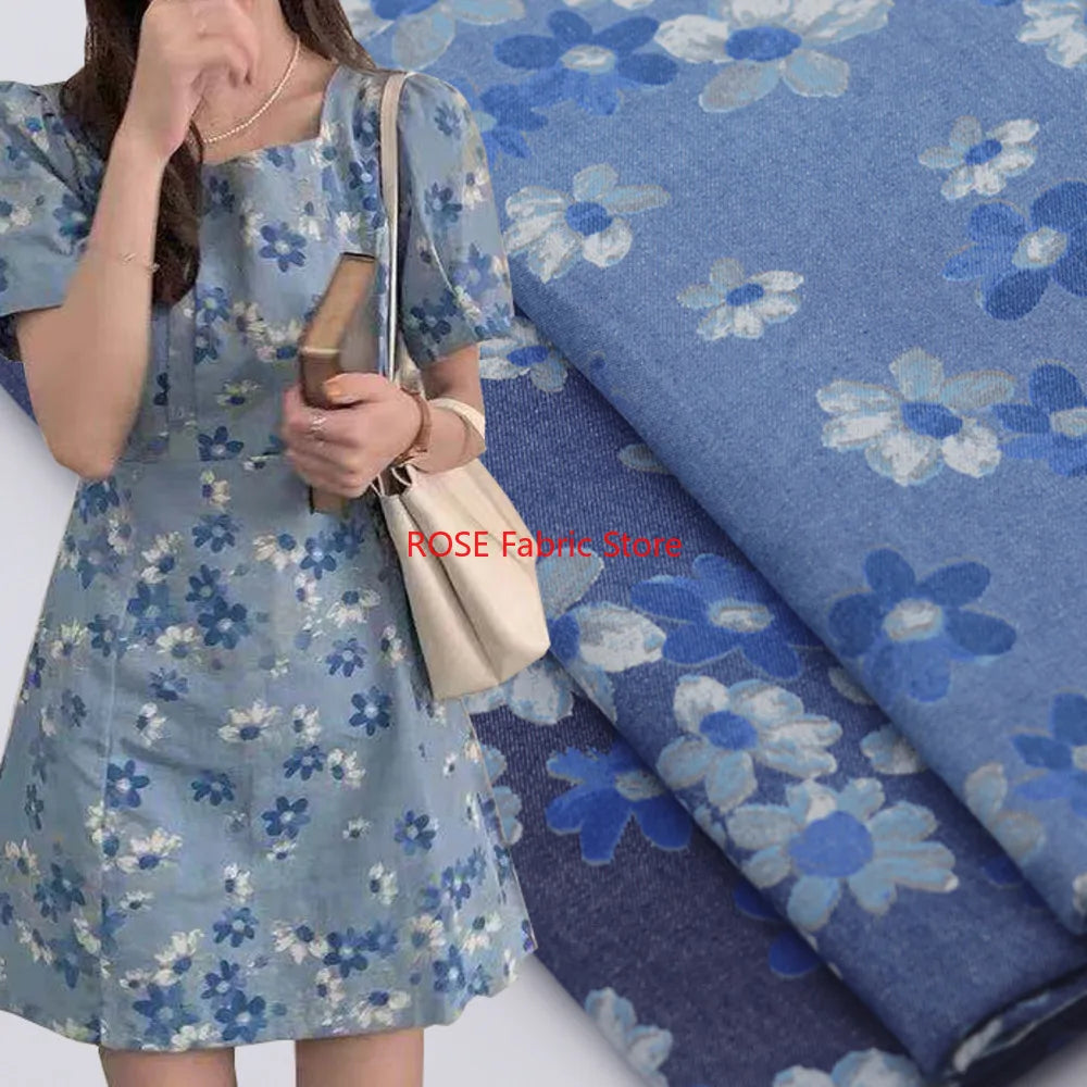 High-quality Delicate floral print denim For coats, shirts, pants, bags, DIY hand sewing, designer fabrics