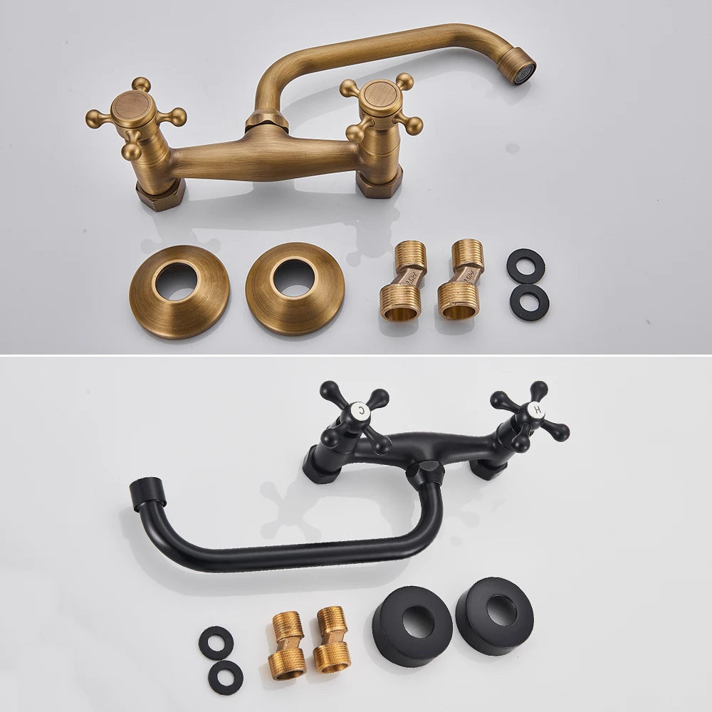 Antique Brass Basin Faucet Wall Mounted Bathroom Mixer Tap Hot Cold Sink Faucet 360 Rotation Spout Chrome Kitchen Mixer Taps