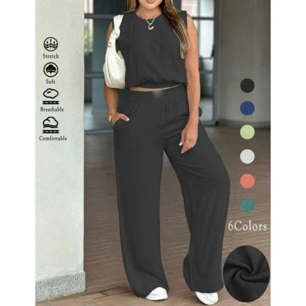 Fashion Ultra-short Sleeveless Top Trousers 2-piece Set Summer New Casual Pocket Loose Wide-leg Trousers Female Office Set 2025