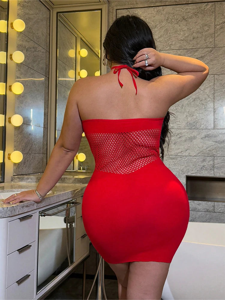 Women Rhinestone Sexy Dress Mesh Hollow Out Fitted Mini Dress Plus Size Sleeveless Skirt Club Party Summer Beach Wear Dress
