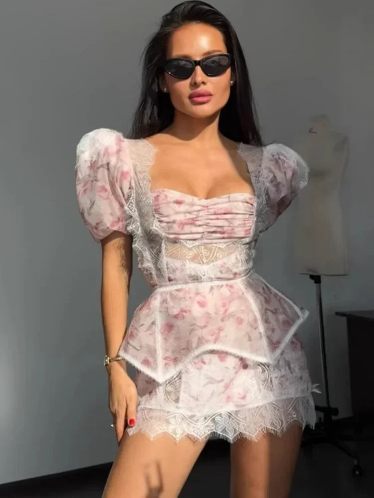 Sexy Floral Print Mini Skirt Set Women Chic Lace Patchwork Bubble Short Sleeves 2 Piece Suit Lady Summer Vacation Outfits New