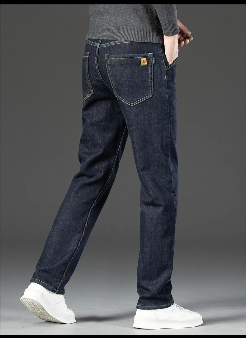 Men Winter Fleece Warm Jeans Brand 2024 Fashion Business Pants Retro Classic Denim Trousers Autumn Casual Stretch Slim Jeans Men