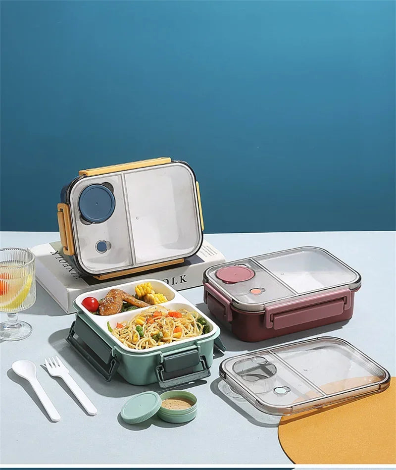 850ML Lunch Box with Tableware Sauce Box Portable Plastic Compartment Bento Box for Kids Food Storage Container Microwavable