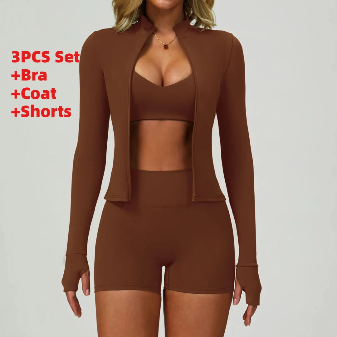 3PCS Women's Yoga Set Peach Hip Sports Jacket Shorts Fitness Set Tight Sports Bra Pants Set Workout Gym Leggings Sports Yoga Set