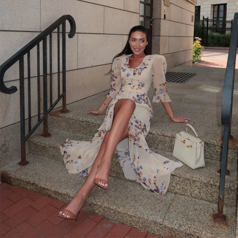 Sexy Print Women Long Dress Urban V-neck Single Breasted Ruffles Half Sleeve Female Dresses 2026 Spring Autumn Lady Robe
