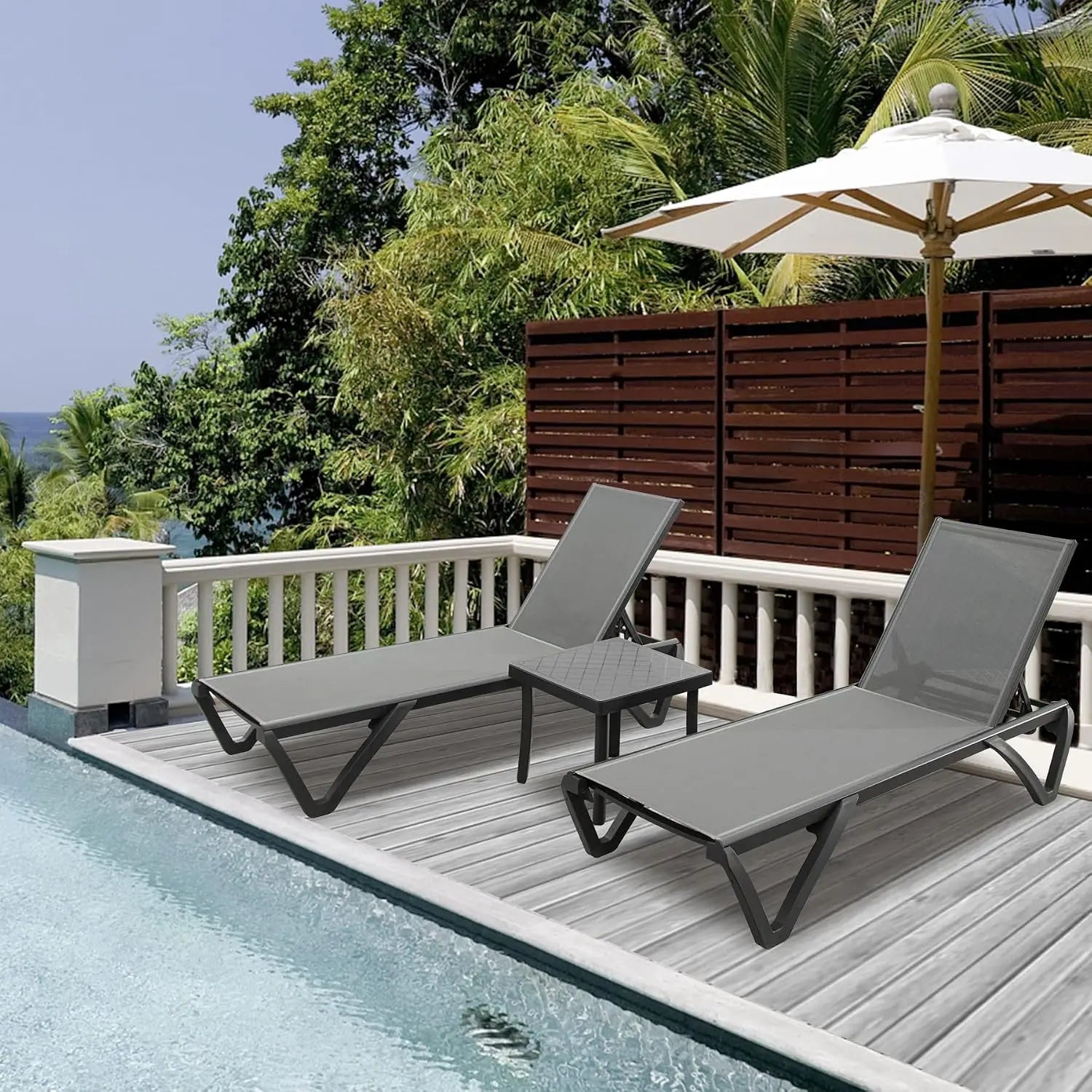 Aluminum Chaise Lounge with Side Table, 5-Position Adjustable Backrest & Wheels, All-Weather Outdoor Patio Furniture, Customized