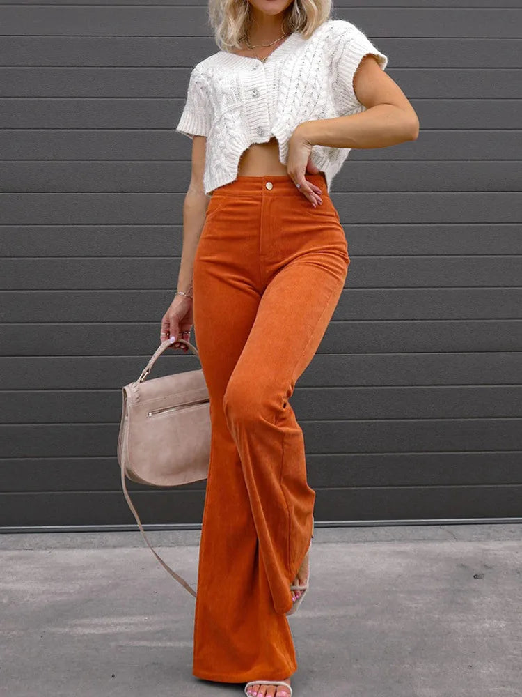 2025 Corduroy Trousers All Season Women Solid Button Fly Pocket Loungewear Slim Fit Ladies Flare Pants Streetwear Dropshipping