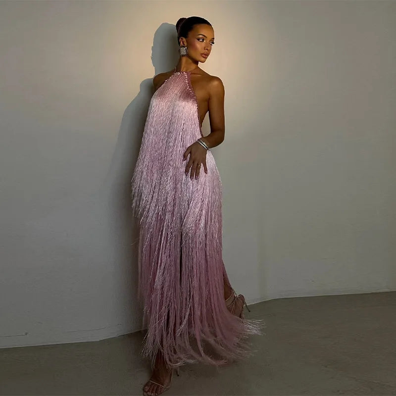 Party Women's Dress Halter Sleeveless Backless Tassel Solid Female Long Holiday Dresses 2026 Summer Fashion Elegant Lady Robe