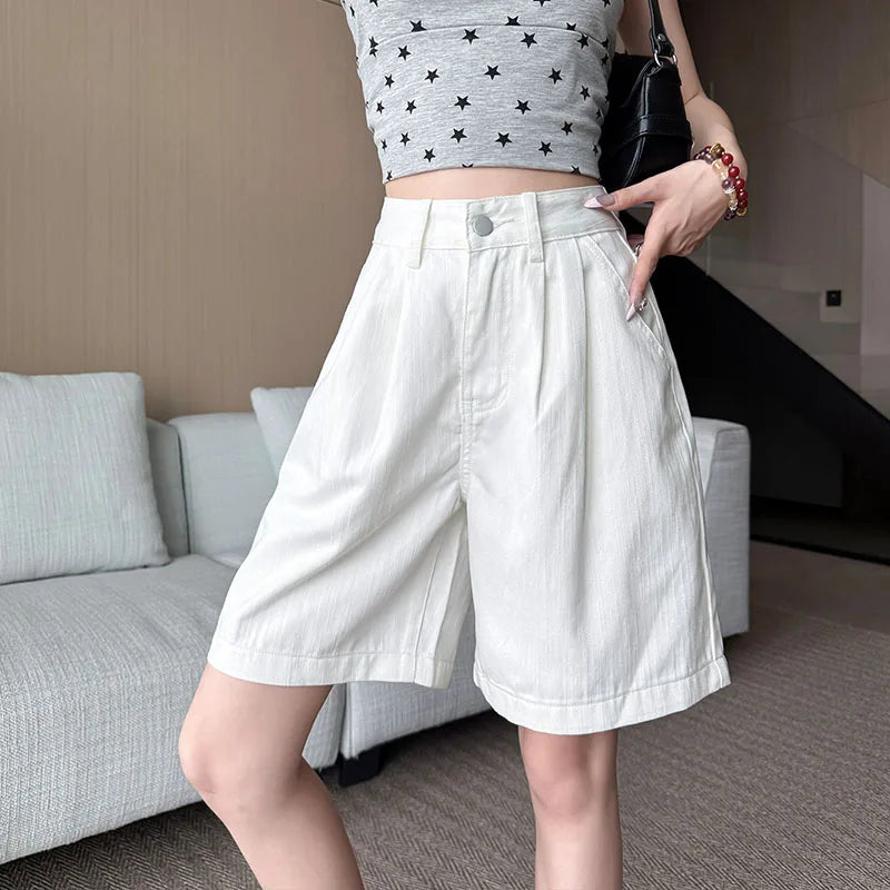 Y2K Retro Loose Casual Middle Short Jeans Summer New Women's Korean Denim Five Points Pants Ladies Fashion All Match Baggy Jeans