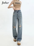New Ripped Casual Loose Women Jeans High Waist Blue Korean Straight Pants Female Chicly Fashion Street Slim Woman Jeans