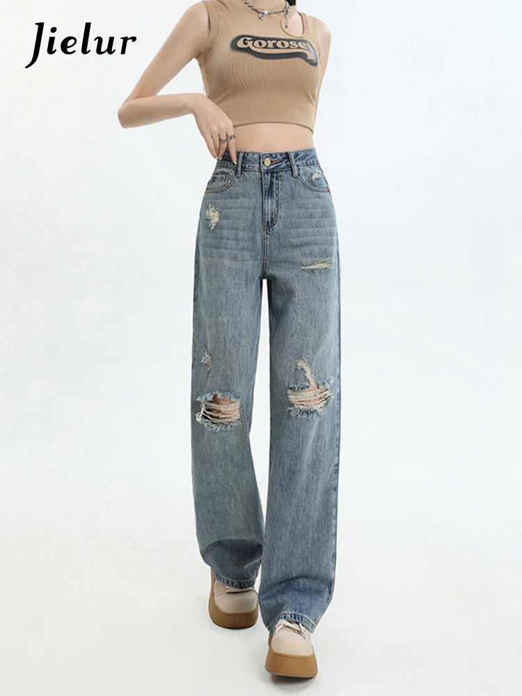 New Ripped Casual Loose Women Jeans High Waist Blue Korean Straight Pants Female Chicly Fashion Street Slim Woman Jeans