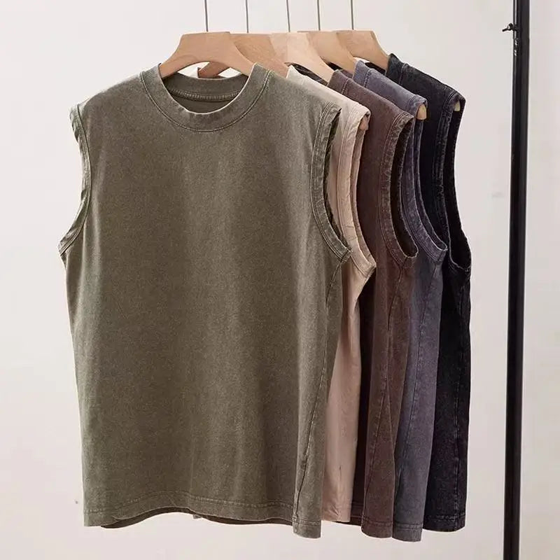 100% Cotton Men's Summer T Vintage Washed Vest Male Tops Round Neck Loose Oversized Large Size Casual Basic Streetwear Vest