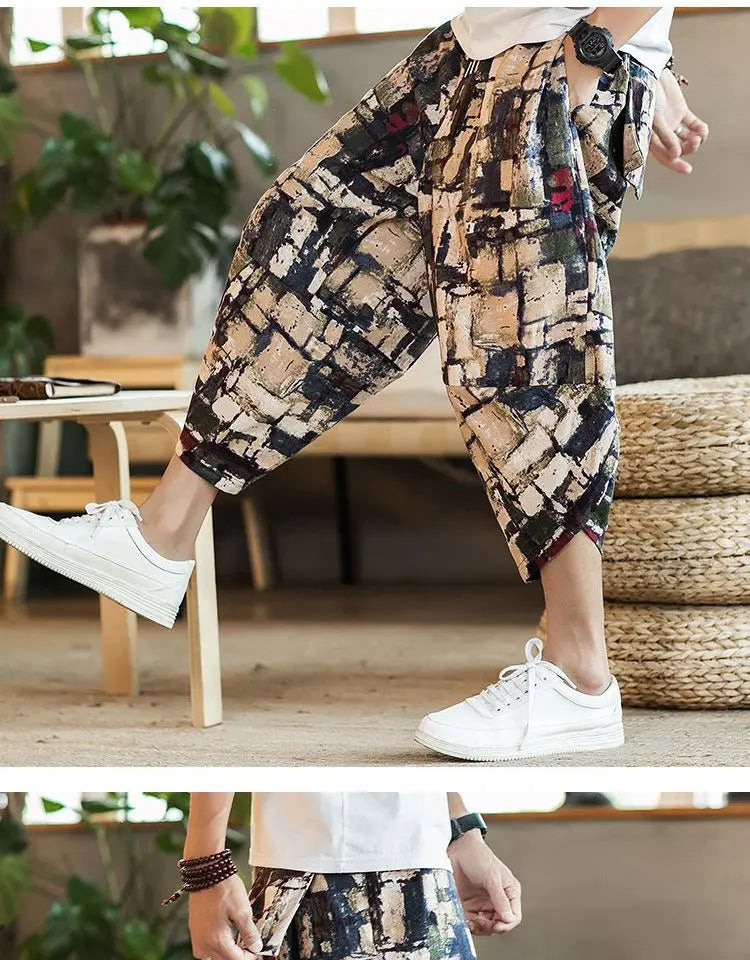 Men's Casual Cotton Linen Seven-Foot Pants Summer plus Size Lantern Loose Fit Shorts Harlan Style Comfortable Breathable Leis...